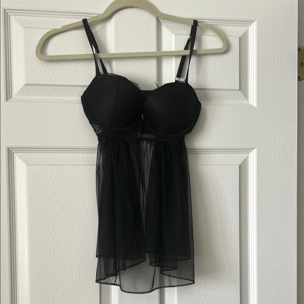 Victoria's Secret Black Sheer Lace Chemise 34c. Push-up babydoll